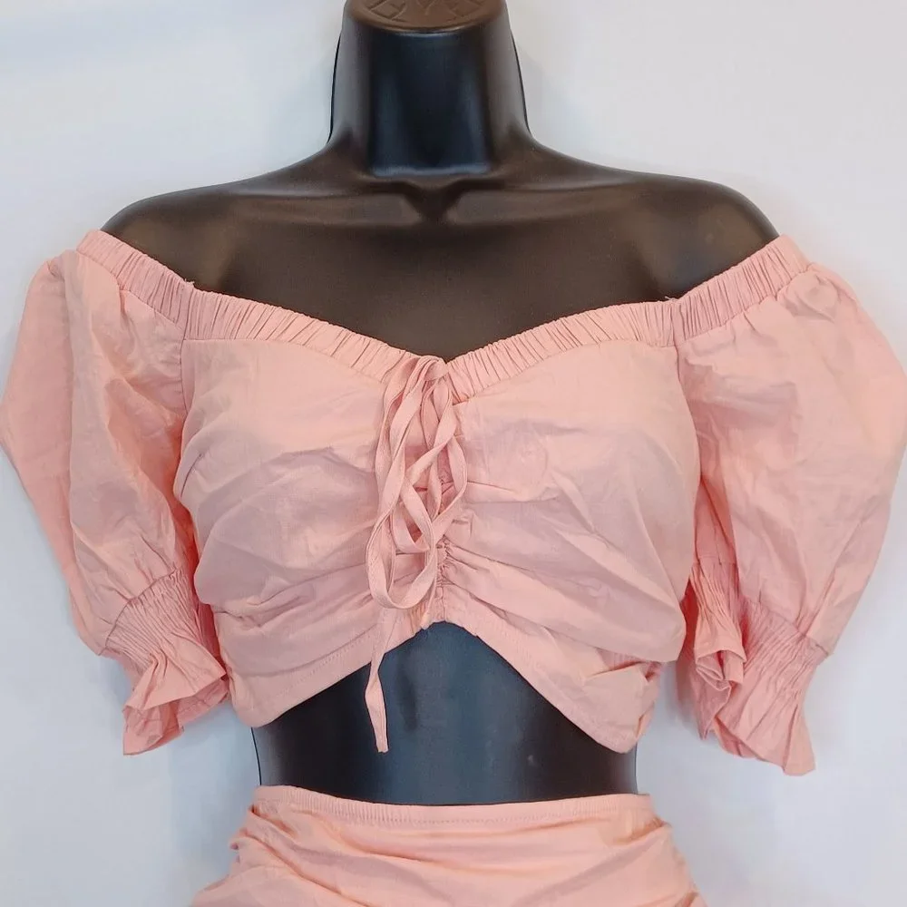 Privy WMN'S Sz L Ruched Smock 2 Piece Skirt Set Crop Puff Sleeve Ruffle Stretch - Picture 4 of 12